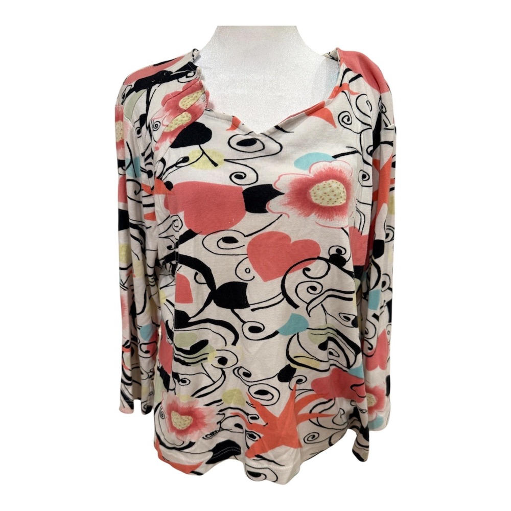 Parsley & Sage Womens Large Cotton Floral Heart Art Print V-Neck Top Pink Orange